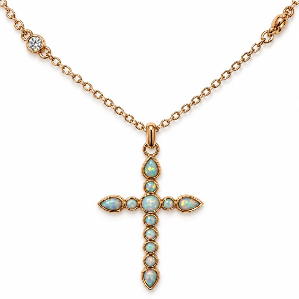 Bomb Party Divine Light Pale Green Fire Opal Rose Gold Cross Necklace